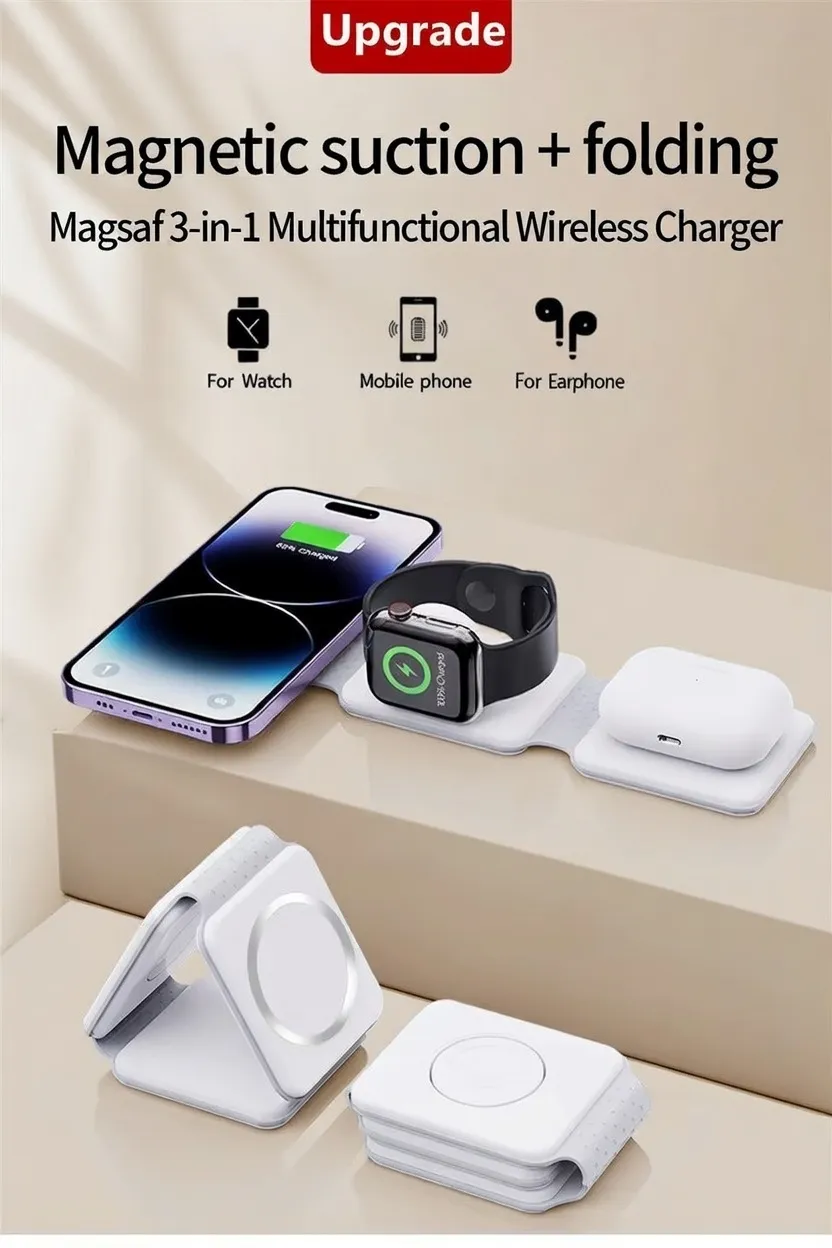 Certified Fast 3‑in‑1 Folding Magnetic Wireless Charger for Smartphones in Bangladesh