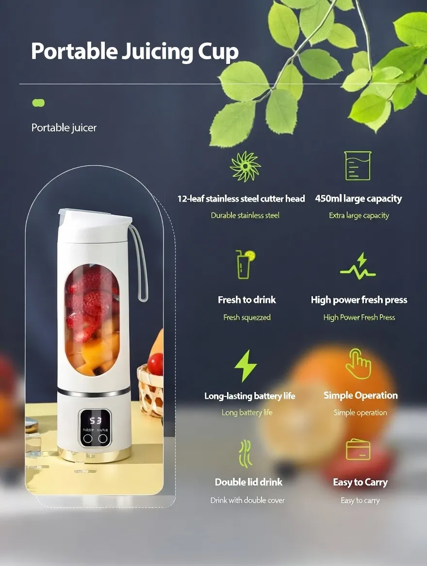 Powerful 12‑Blade 25W USB Mini Portable Rechargeable Juicer/Blender (450ml)