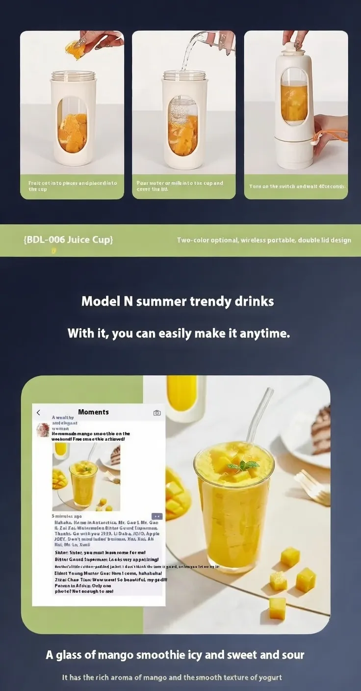 Powerful 40W 450ml USB 12‑Blade Wireless Portable Rechargeable Blender BD