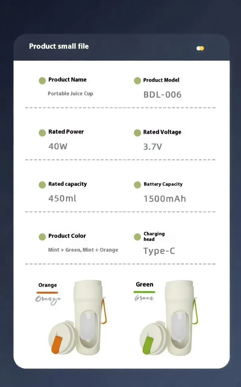 Powerful 40W 450ml USB 12‑Blade Wireless Portable Rechargeable Blender BD