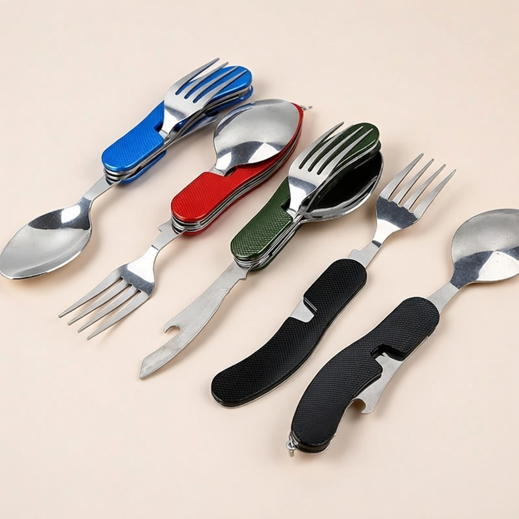 4-in-1 Folding Camping Cutlery Set Stainless Steel Travel Utensils | Now in Bangladesh