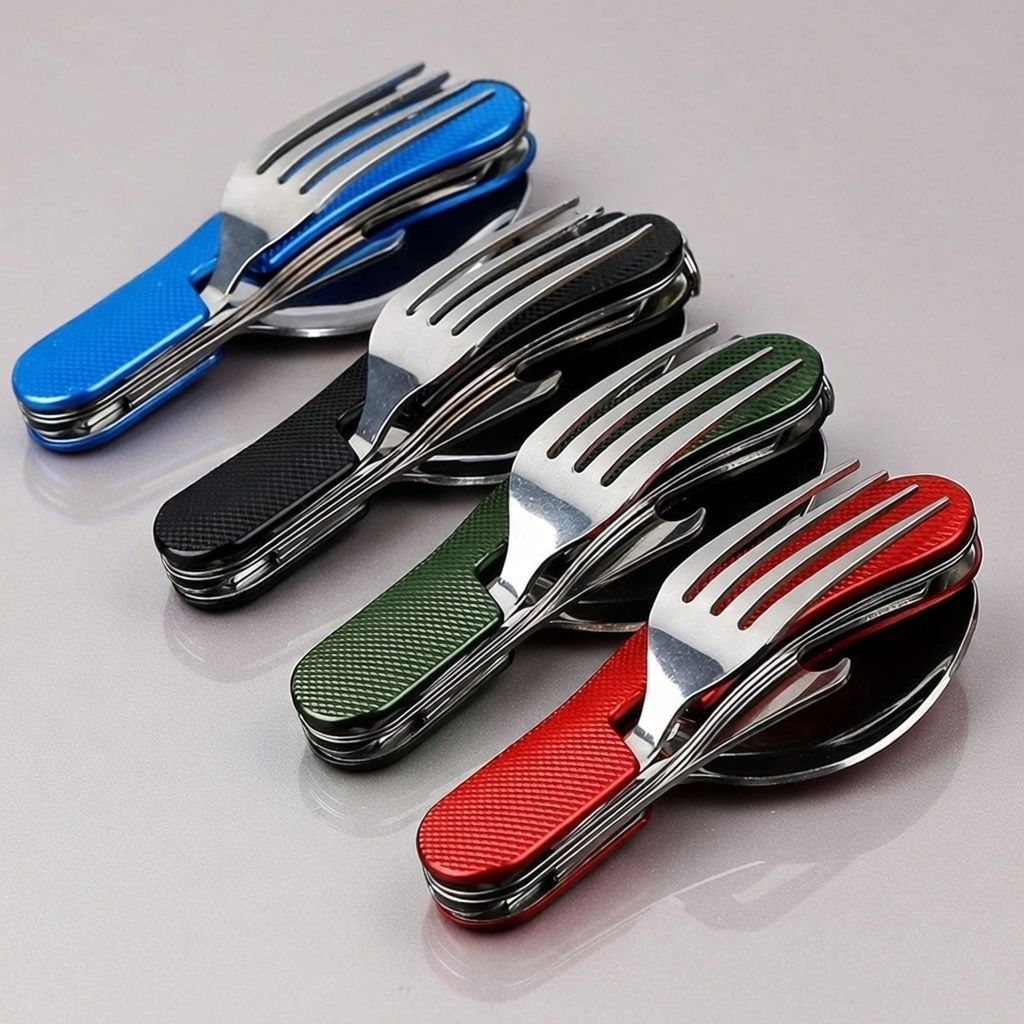 4-in-1 Folding Camping Cutlery Set Stainless Steel Travel Utensils | Now in Bangladesh