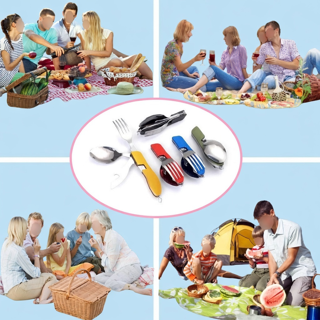 4-in-1 Folding Camping Cutlery Set Stainless Steel Travel Utensils | Now in Bangladesh