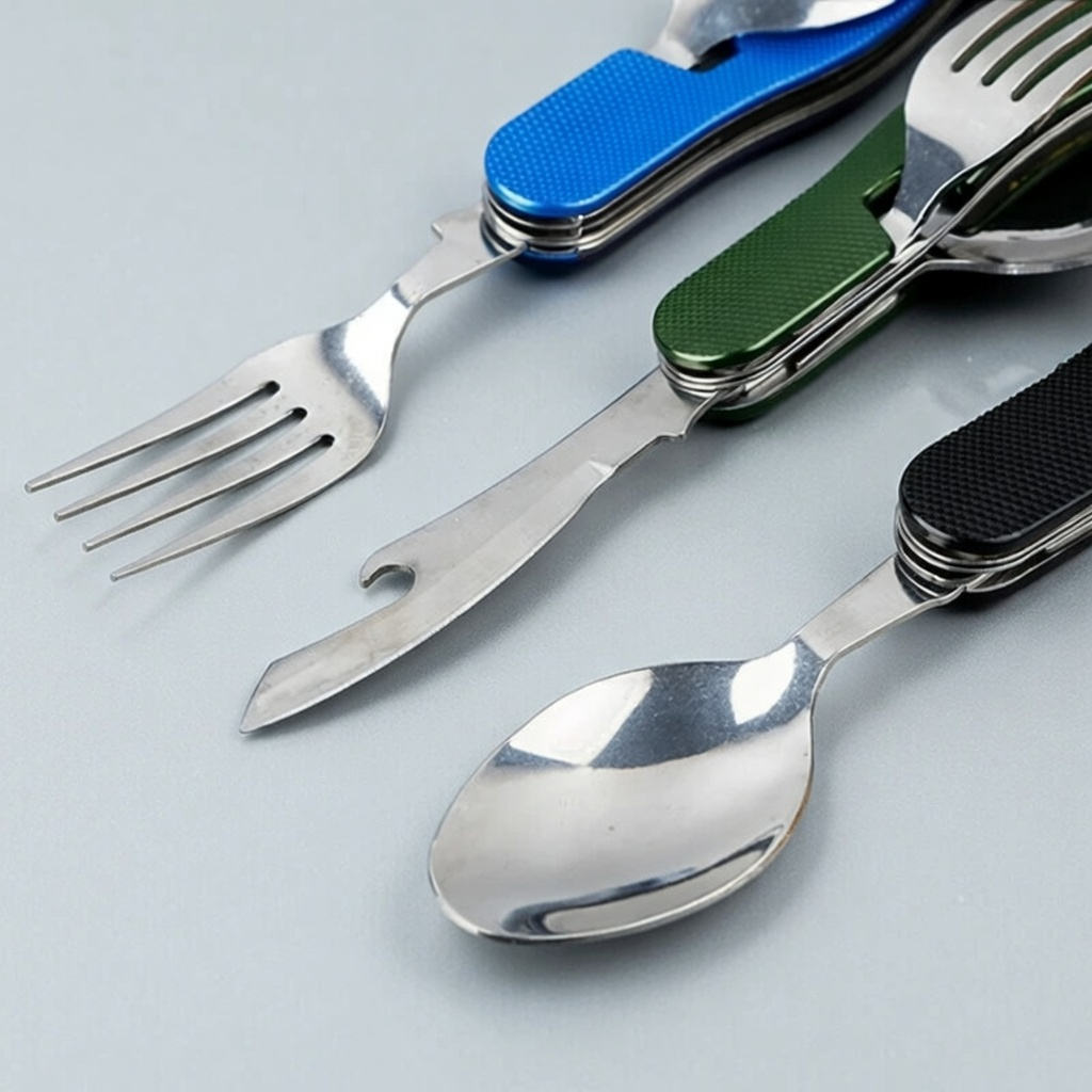 4-in-1 Folding Camping Cutlery Set Stainless Steel Travel Utensils | Now in Bangladesh