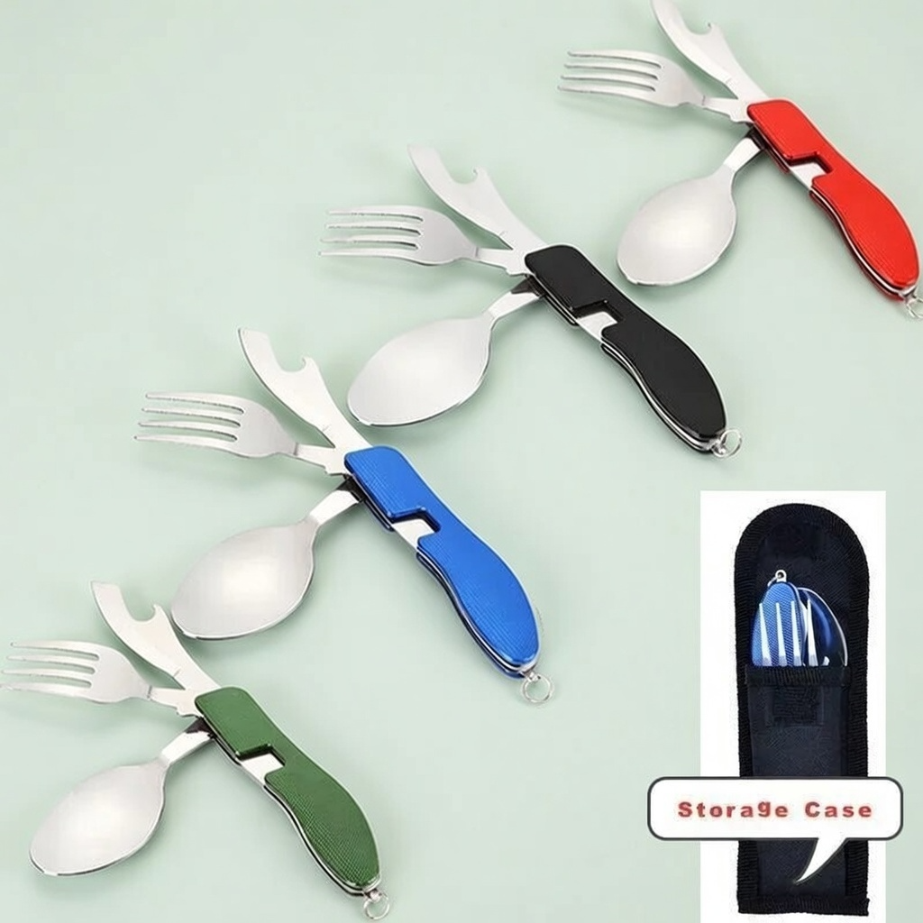 4-in-1 Folding Camping Cutlery Set Stainless Steel Travel Utensils | Now in Bangladesh