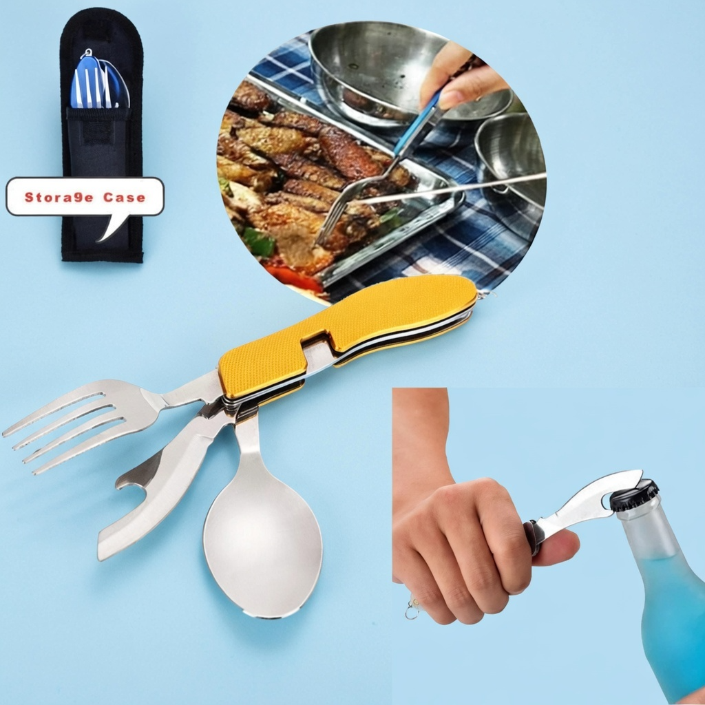 4-in-1 Folding Camping Cutlery Set Stainless Steel Travel Utensils | Now in Bangladesh