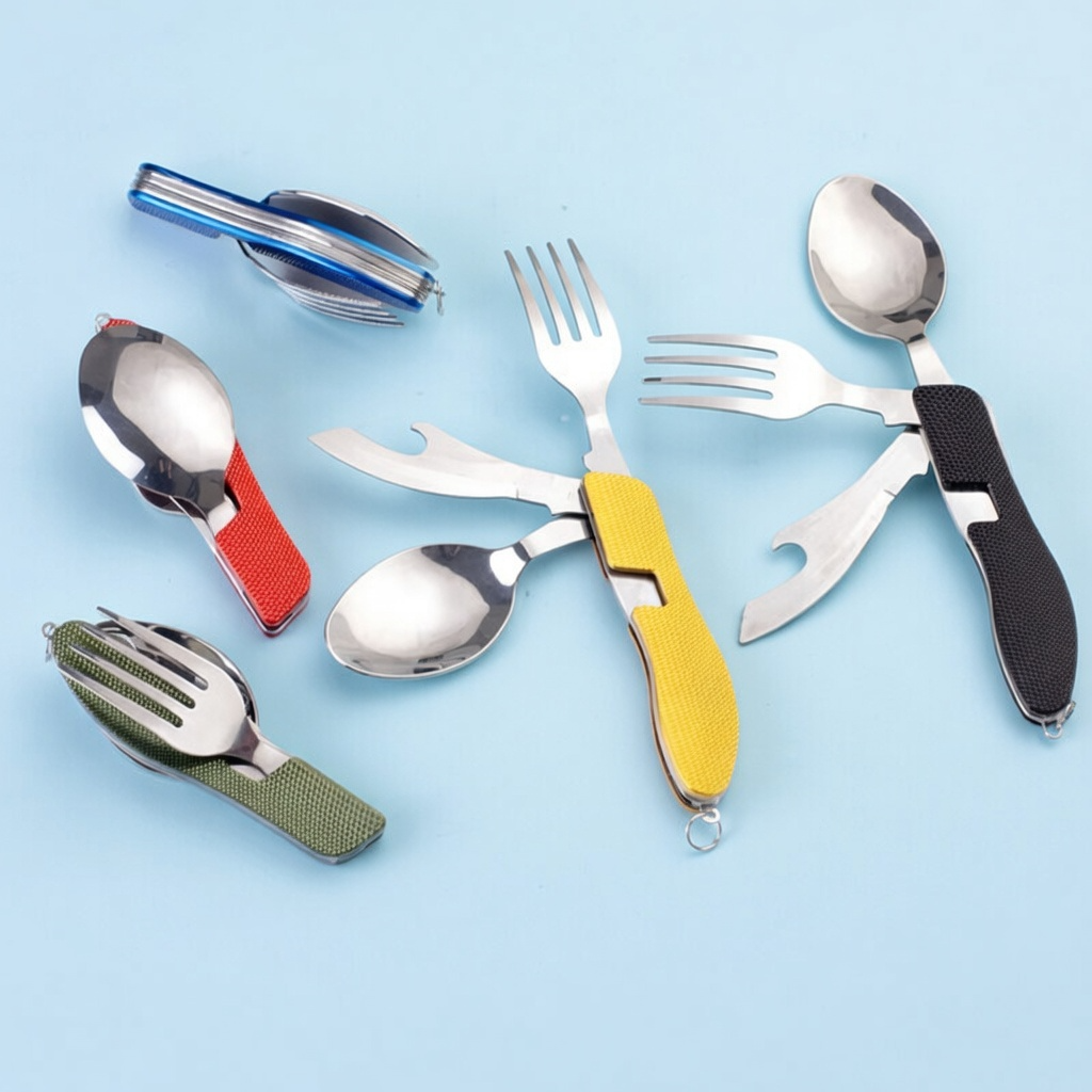 4-in-1 Folding Camping Cutlery Set Stainless Steel Travel Utensils | Now in Bangladesh