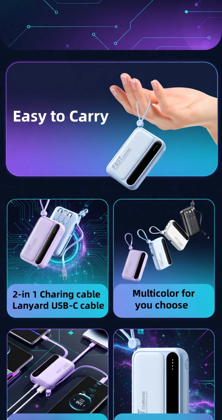 22.5W Fast Charging 10000mAh Power Bank BD Built-in Cable - AmarXpress