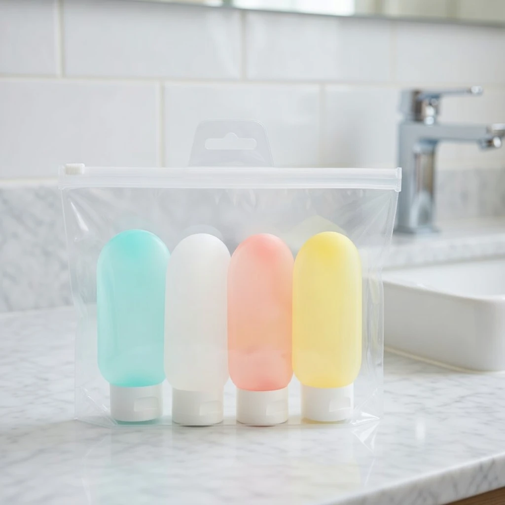 4-Pc Travel Bottles Set 60ml – Reusable Leak-Proof + Pouch - Skincare Lotion Set -AmarXpress