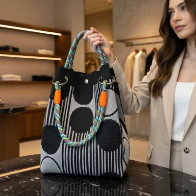 Elegant Geometric Foldable Fabric Print for Traveling Women Tote Bag BD - AmarXpress