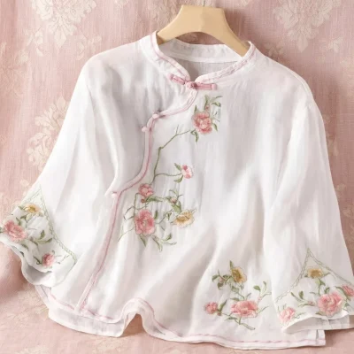 Embroidered Mandarin Collar Blouse BD – Loose Fit – Vintage Button – Sleeve Acrylic – AmarXpress