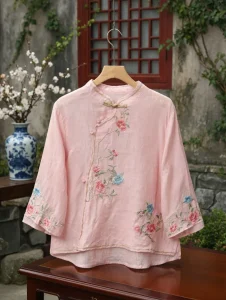 Embroidered Mandarin Collar Blouse BD – Loose Fit – Vintage Button – Sleeve Acrylic – AmarXpress