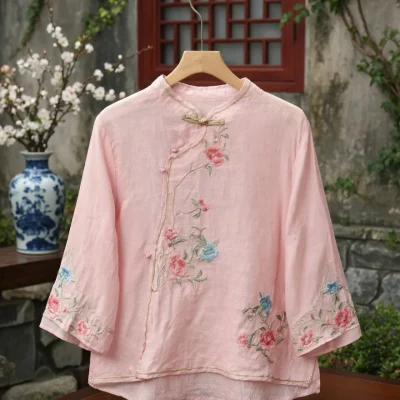 Embroidered Mandarin Collar Blouse BD – Loose Fit – Vintage Button – Sleeve Acrylic – AmarXpress