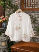 Embroidered Mandarin Collar Blouse BD – Loose Fit – Vintage Button – Sleeve Acrylic – AmarXpress