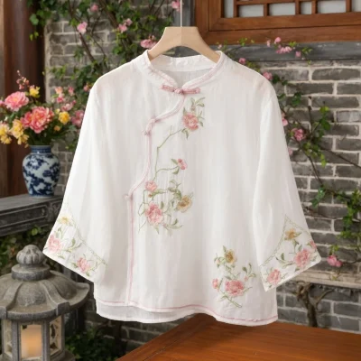 Embroidered Mandarin Collar Blouse BD – Loose Fit – Vintage Button – Sleeve Acrylic – AmarXpress