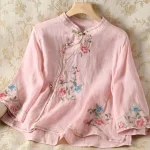 Embroidered Green Mandarin Collar Blouse – Loose Fit | Vintage Button | Sleeve Acrylic | Price in Bangladesh - Pink