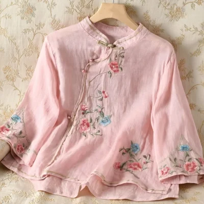 Embroidered Mandarin Collar Blouse BD – Loose Fit – Vintage Button – Sleeve Acrylic – AmarXpress