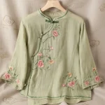 Embroidered Green Mandarin Collar Blouse – Loose Fit | Vintage Button | Sleeve Acrylic | Price in Bangladesh - Green