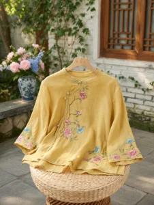 Embroidered Mandarin Collar Blouse BD – Loose Fit – Vintage Button – Sleeve Acrylic – AmarXpress