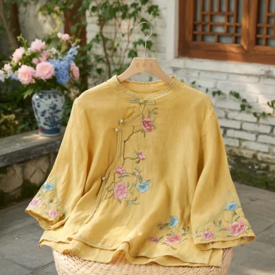 Embroidered Mandarin Collar Blouse BD – Loose Fit – Vintage Button – Sleeve Acrylic – AmarXpress