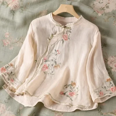 Embroidered Mandarin Collar Blouse BD – Loose Fit – Vintage Button – Sleeve Acrylic – AmarXpress