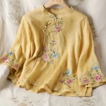 Embroidered Green Mandarin Collar Blouse – Loose Fit | Vintage Button | Sleeve Acrylic | Price in Bangladesh - Yellow