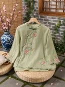 Embroidered Mandarin Collar Blouse BD – Loose Fit – Vintage Button – Sleeve Acrylic – AmarXpress