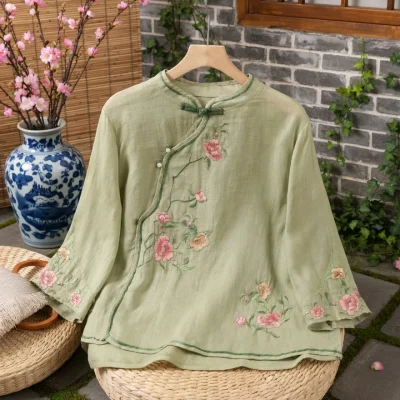 Embroidered Mandarin Collar Blouse BD – Loose Fit – Vintage Button – Sleeve Acrylic – AmarXpress