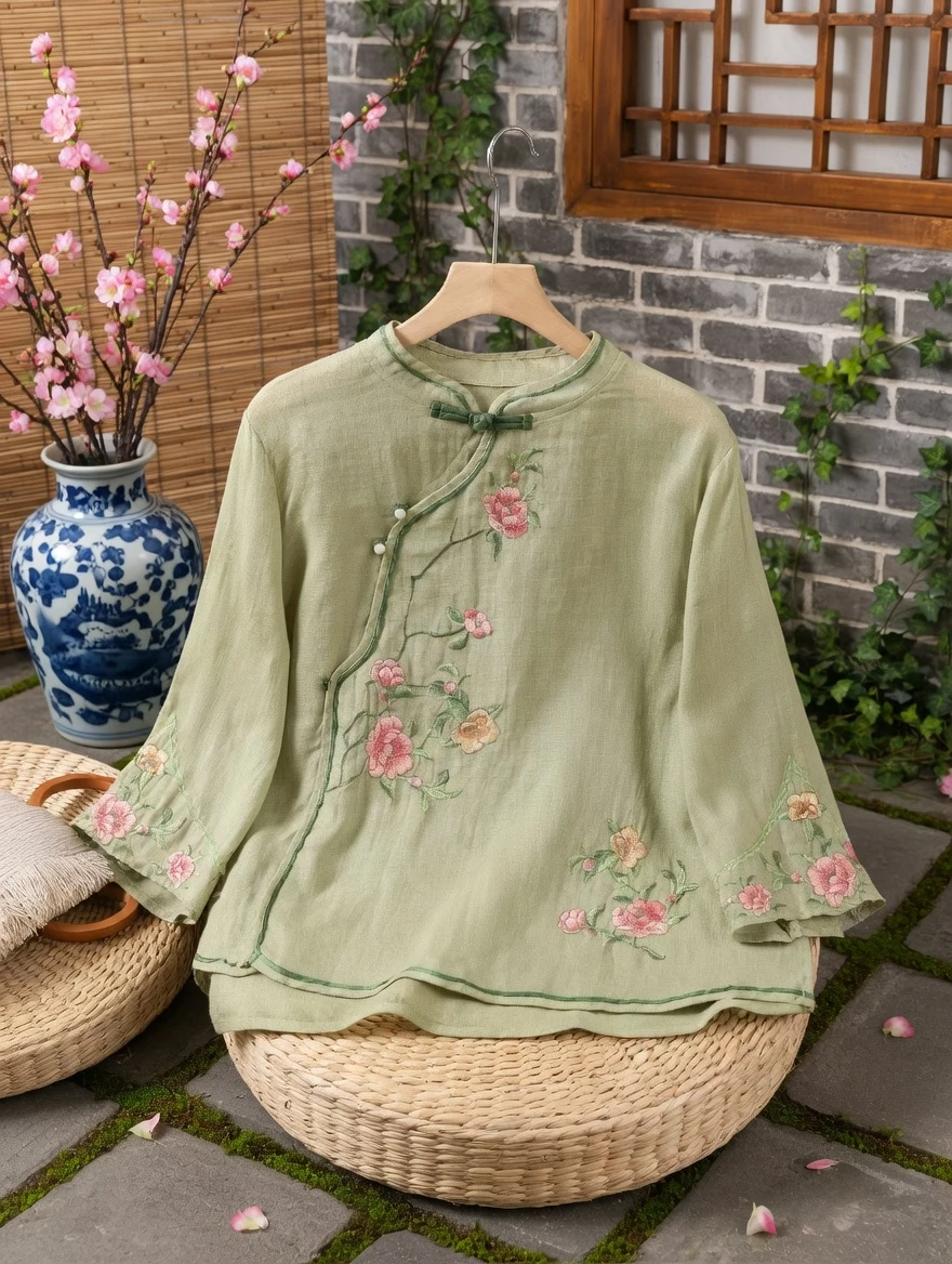 Embroidered Mandarin Collar Blouse BD – Loose Fit – Vintage Button – Sleeve Acrylic – AmarXpress