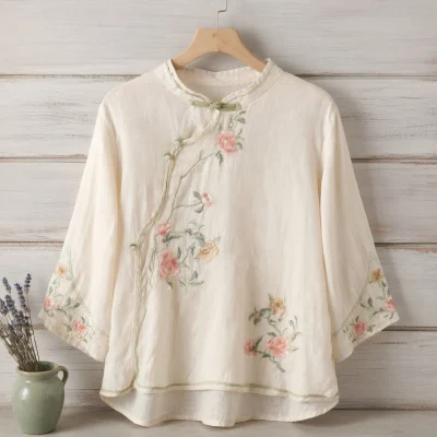 Embroidered Mandarin Collar Blouse BD – Loose Fit – Vintage Button – Sleeve Acrylic – AmarXpress