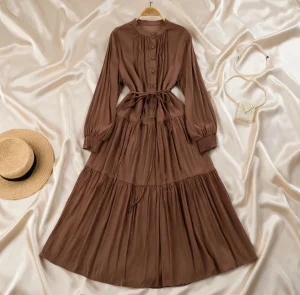 French Khaki Retro Knee-Length Dress – Loose Fit Waist Strap – AmarXpress