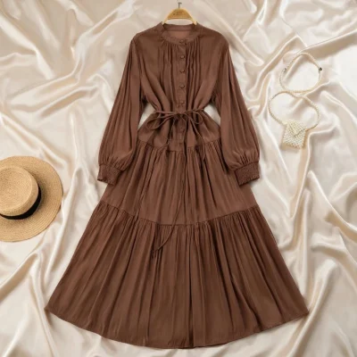 French Khaki Retro Knee-Length Dress – Loose Fit Waist Strap – AmarXpress