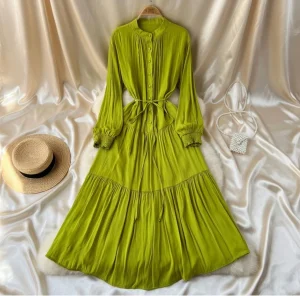 French Khaki Retro Knee-Length Dress – Loose Fit Waist Strap – AmarXpress