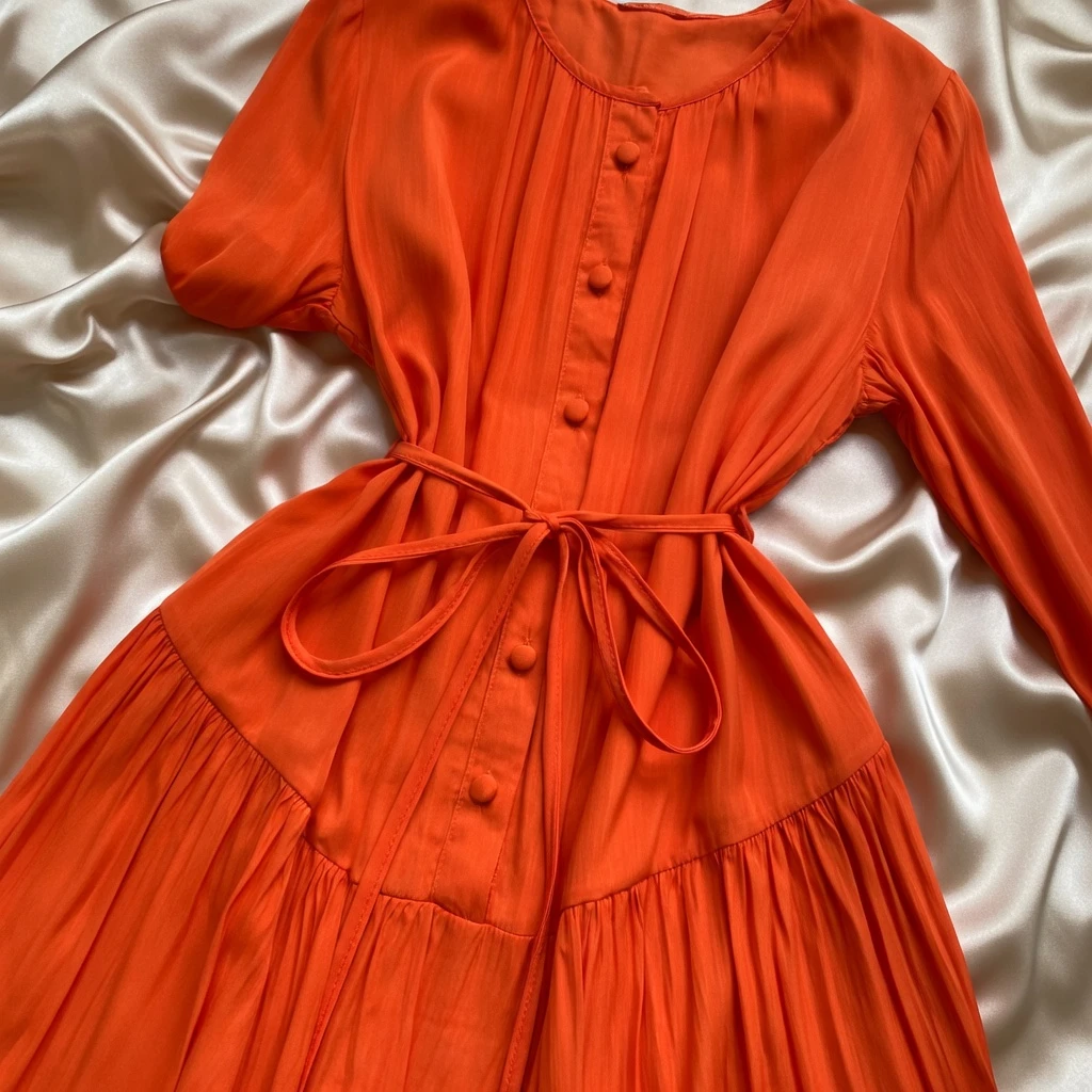 French Khaki Retro Knee-Length Dress – Loose Fit Waist Strap – AmarXpress