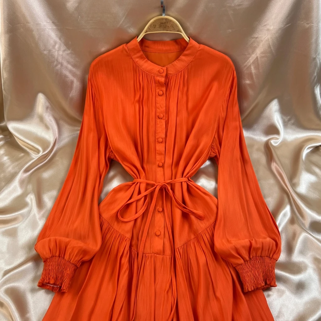 French Khaki Retro Knee-Length Dress – Loose Fit Waist Strap – AmarXpress