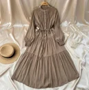 French Khaki Retro Knee-Length Dress – Loose Fit Waist Strap – AmarXpress