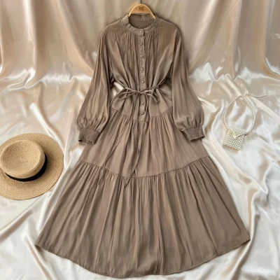 French Khaki Retro Knee-Length Dress – Loose Fit Waist Strap – AmarXpress