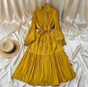 French Khaki Retro Knee-Length Dress – Loose Fit Waist Strap – AmarXpress