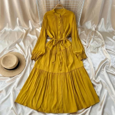 French Khaki Retro Knee-Length Dress – Loose Fit Waist Strap – AmarXpress