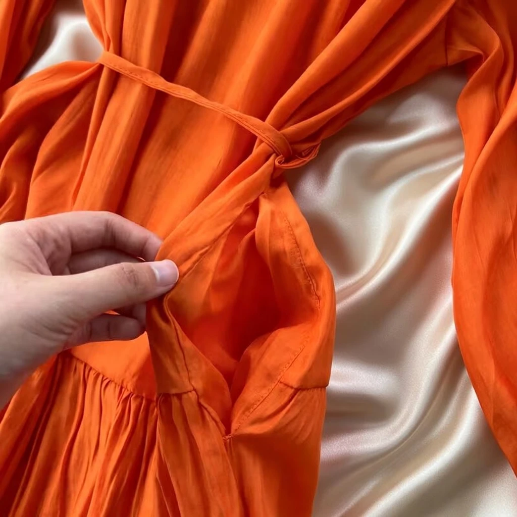 French Khaki Retro Knee-Length Dress – Loose Fit Waist Strap – AmarXpress