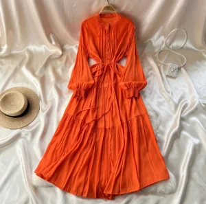 French Khaki Retro Knee-Length Dress – Loose Fit Waist Strap – AmarXpress