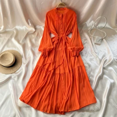 French Khaki Retro Knee-Length Dress – Loose Fit Waist Strap – AmarXpress