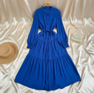 French Khaki Retro Knee-Length Dress – Loose Fit Waist Strap – AmarXpress