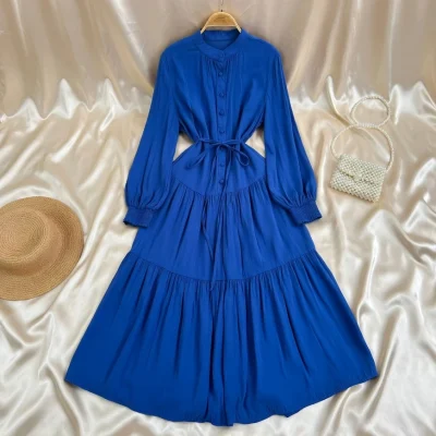 French Khaki Retro Knee-Length Dress – Loose Fit Waist Strap – AmarXpress