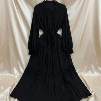 French Khaki Retro Knee-Length Dress – Loose Fit Waist Strap – AmarXpress