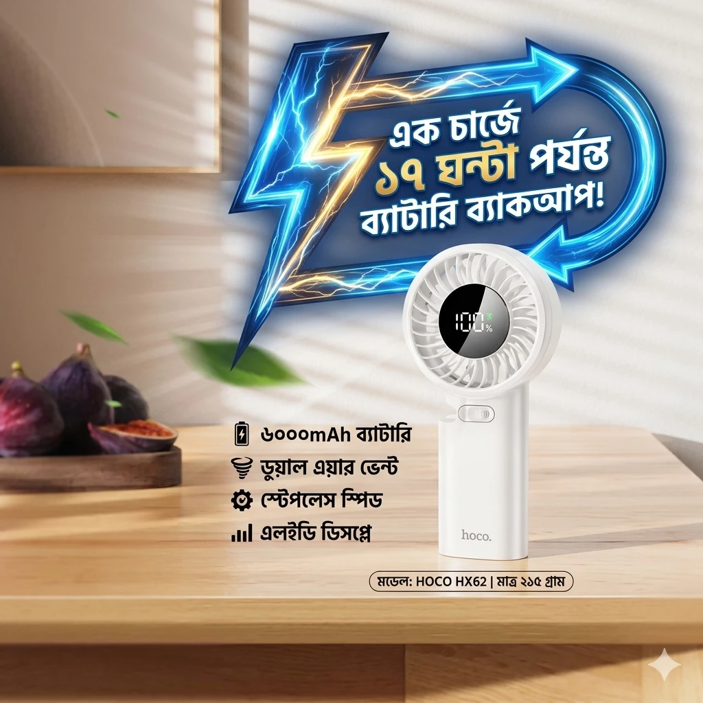 HOCO HX62 Mini Fan BD - Portable Handheld - 6000mAh - 17Hr - Ultra-Quiet - Fast Cooling - AmarXpress