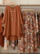 Ladies Winter Floral Print Loose Outfit BD - Wide-Leg Pants & Top Set - AmarXpress