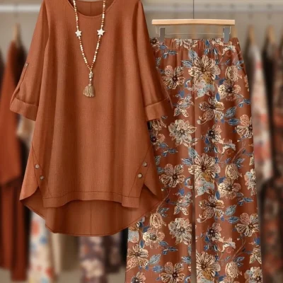 Ladies Winter Floral Print Loose Outfit BD - Wide-Leg Pants & Top Set - AmarXpress