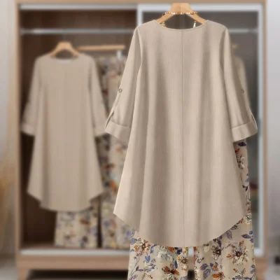 Ladies Winter Floral Print Loose Outfit BD - Wide-Leg Pants & Top Set - AmarXpress