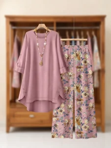 Ladies Winter Floral Print Loose Outfit BD - Wide-Leg Pants & Top Set - AmarXpress